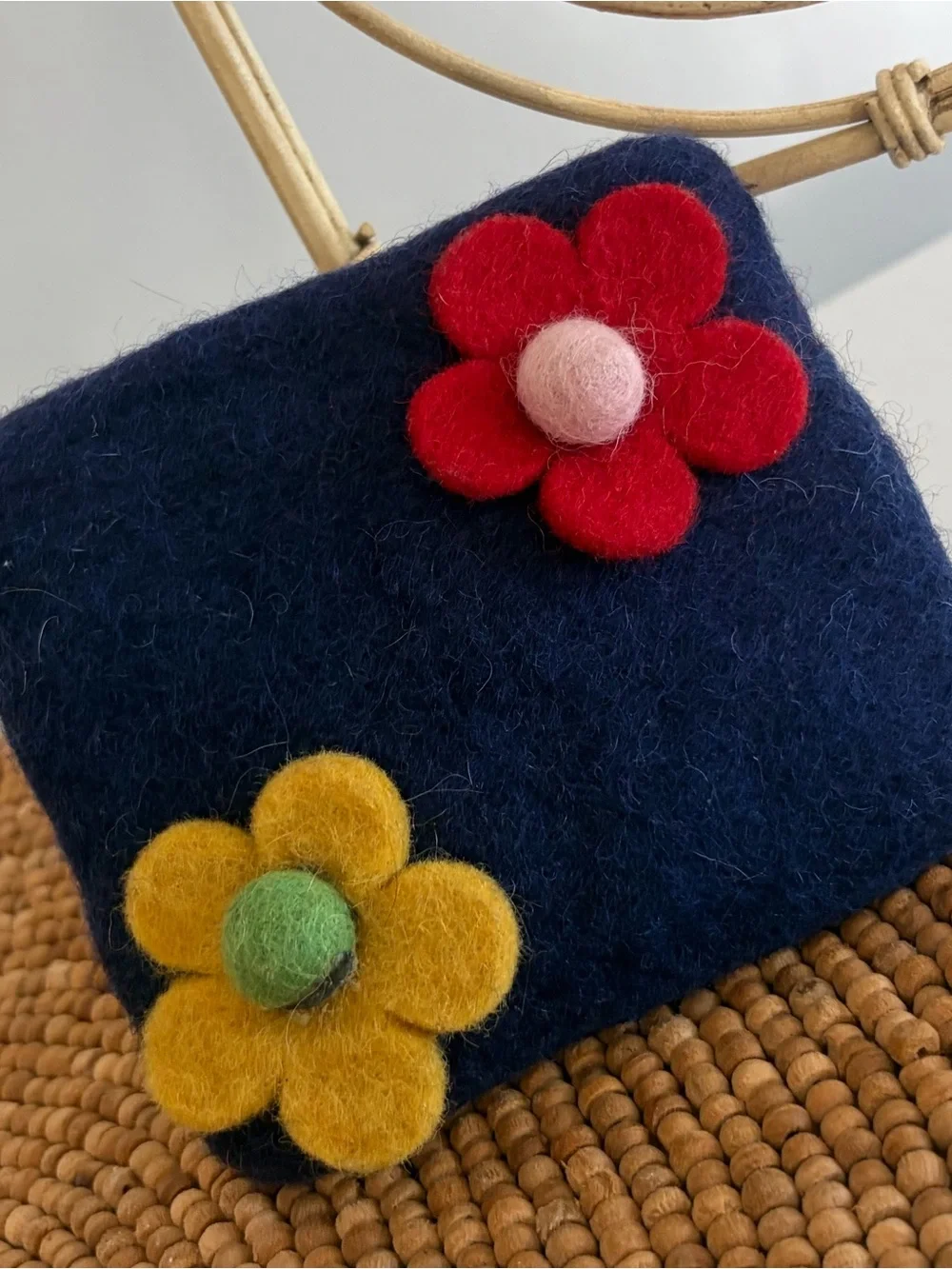 Wool Zipped Pouch Wallet Coin Purse with Red and Mustard Flower Accents